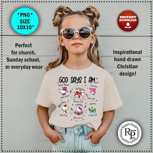 May include: A beige t-shirt featuring a graphic with the text "GOD SAYS I AM..." and various cartoon characters. The shirt also includes the text "Perfect for church, Sunday school, or everyday wear." The design is an inspirational Christian design.
