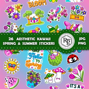 Kawaii Spring and Summer ONE (1) Stickers Sheet, PNG,JPF & Gift Box Template - Floral Kawaii Stickers - Bundle Printable Stickers (See Info)