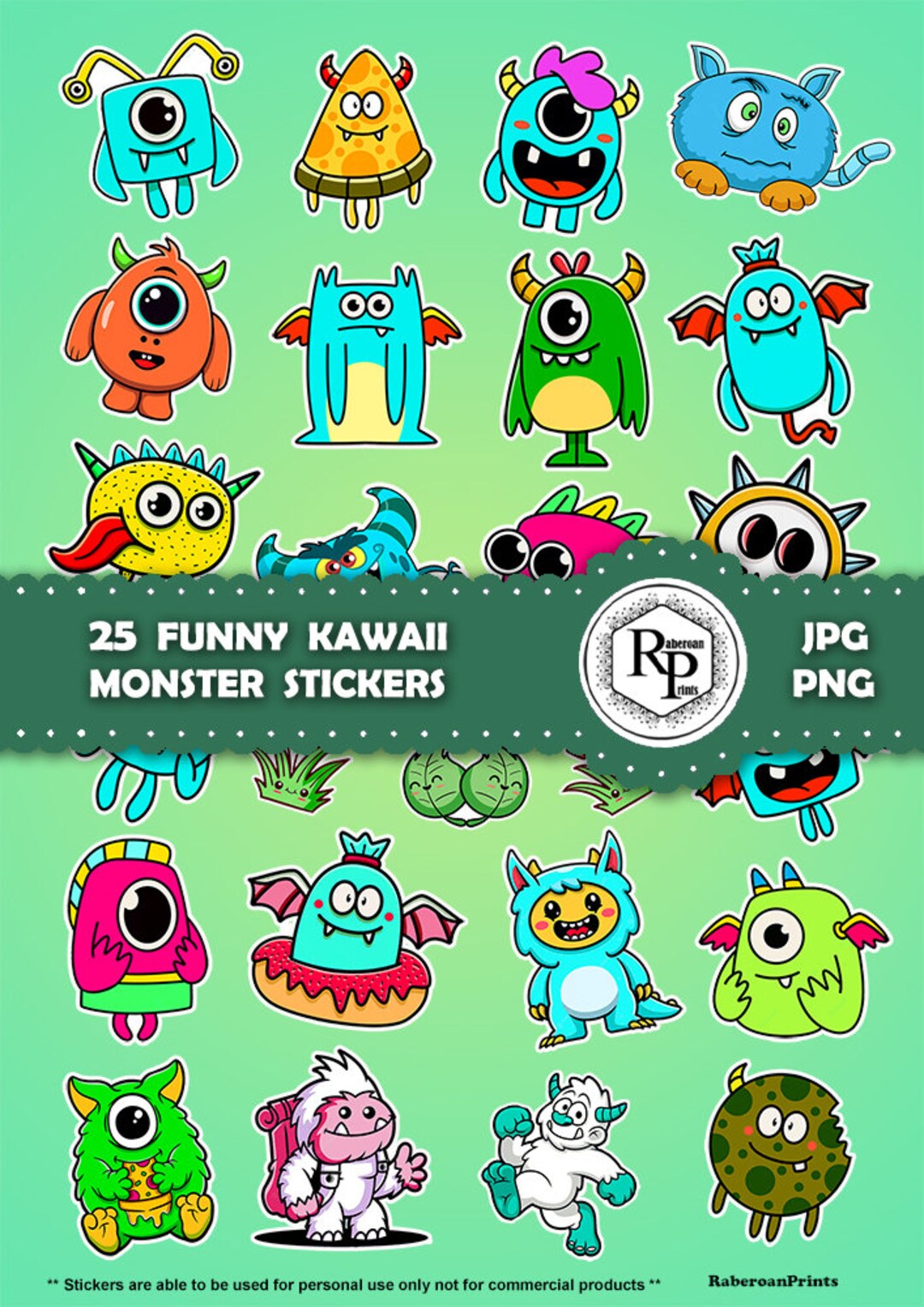 Kawaii Monster Stickers, Funny Cartoon Decals (PNG, JPG) - Scrapbook ...