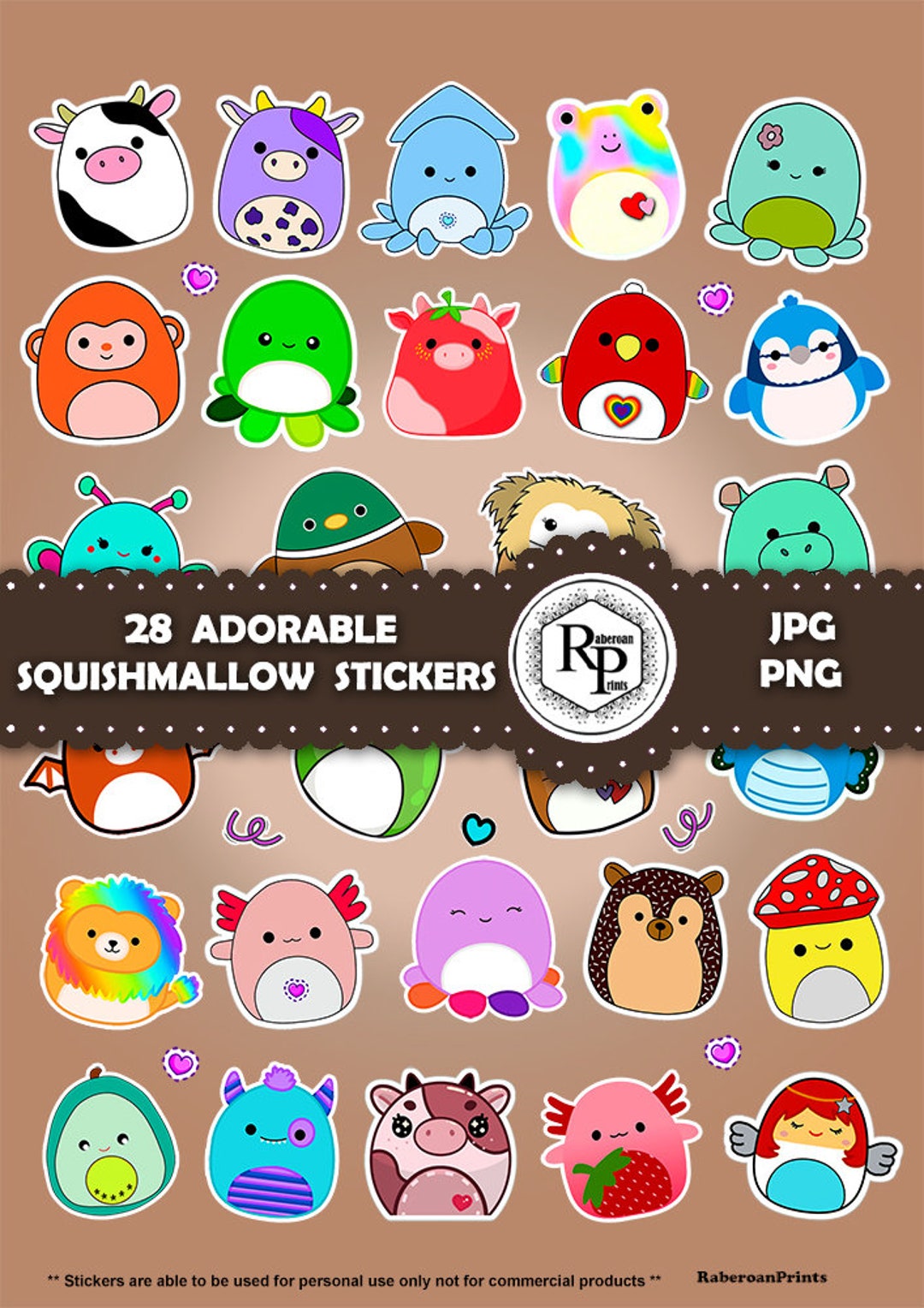 Bestseller Adorable Squishmallow ONE 1 Stickers Sheet PNG, JPF Plus Free  Coloring Pages Printable Animal Stickers see Info 