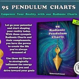 Puede incluir: Un anuncio de 95 Gráficos de Péndulo Radiónico. La imagen presenta un péndulo dorado, un libro con un fondo arremolinado azul y morado, y el texto "Empower Your Reality". El producto es bilingüe en inglés y portugués.