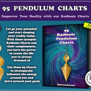 May include: An advertisement for 95 Radionic Pendulum Charts. The image features a book with a swirling blue and purple background, a gold pendulum, and text that reads "Empower Your Reality." The ad also includes the text "Instant Download."
