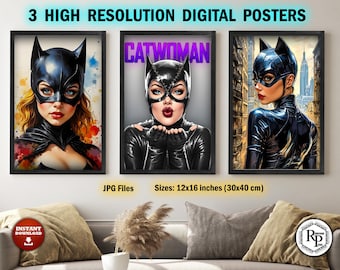BUNDLE Collection #7 - 3 Catwoman Digital Posters - Superhero Catwoman Art - Wall Art Print - DC Comics Catwoman Home Decor  (See Info)