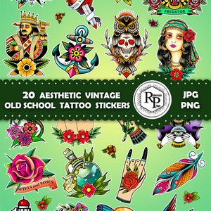 Hoja de pegatinas estéticas vintage/tatuaje de la vieja escuela UNA (1) y plantilla de caja de flores de papel gratis: paquete de pegatinas imprimibles (leer información)