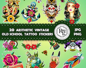 Aesthetic Vintage | Old School Tattoo ONE (1) Stickers Sheet & Free Paper Flower Box Template - Bundle Printable Stickers  (Read Info)