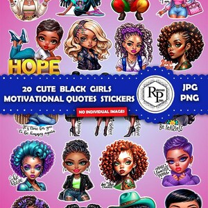 BestSeller**** Kleurrijke chibi ebbenhout meisjes motiverende citaten EEN (1) stickervel in png/jpf plus gratis bladwijzers om in te kleuren (zie info)