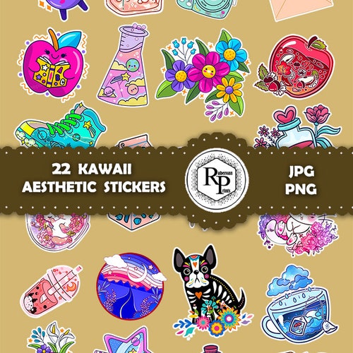 Colorful Kawaii Aesthetic Stickers Sheet PNGJPF & Gift Box - Etsy