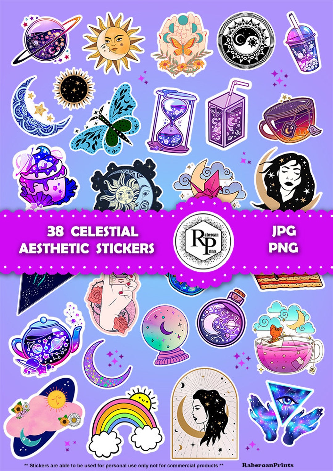 Celestial Stickers Sheet, Aesthetic Moon, Stars, Planets Bonus Gift ...