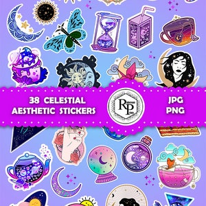 Super Bundle *** Celestial Aesthetic ONE (1) Stickers Sheet, PNG,JPF & Gift Box Template - Bundle Printable Stickers  (Read Description)