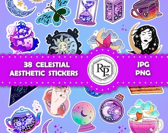 Super Bundle *** Celestial Aesthetic ONE (1) Stickers Sheet, PNG,JPF & Gift Box Template - Bundle Printable Stickers  (Read Description)