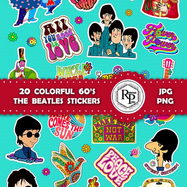 BestSeller** Colorful «The Beatles» 60's ONE (1) Stickers Sheet in PNG, JPF Colorful The Beatles Stickers (See Info) - Instant Download