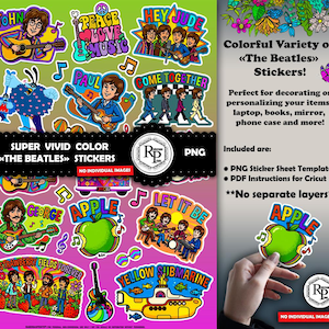 Könnte beinhalten: Eine Sammlung farbenfroher Beatles-Aufkleber mit Bandmitgliedern, Songtiteln und ikonischen Bildern. Die Aufkleber enthalten den Text "SUPER VIVID COLOR THE BEATLES STICKERS" und eignen sich perfekt zum Personalisieren von Gegenständen.