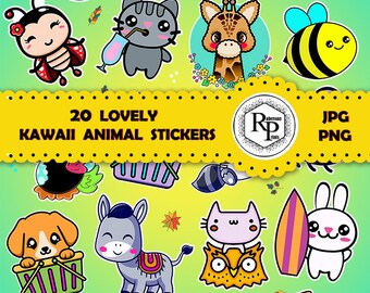 Könnte beinhalten: Zwanzig bunte Kawaii-Tiersticker mit einer Vielzahl von Tieren, darunter ein Koala, eine Giraffe, eine Biene, eine Katze, ein Esel, ein Pinguin, ein Küken, ein Frosch und eine Eule. Die Sticker sind perfekt, um Ihren Projekten einen Hauch von Verspieltheit zu verleihen.