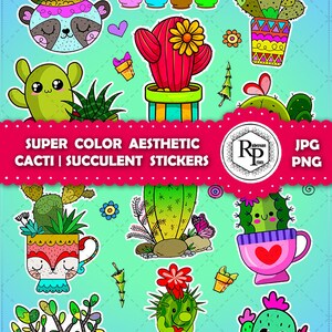 Super Color Aesthetic Cacti | Succulent ONE (1) Stickers Sheet -PNG, JPF Plus Free Coloring Bookmarks - Kawaii Stickers  (See Info)