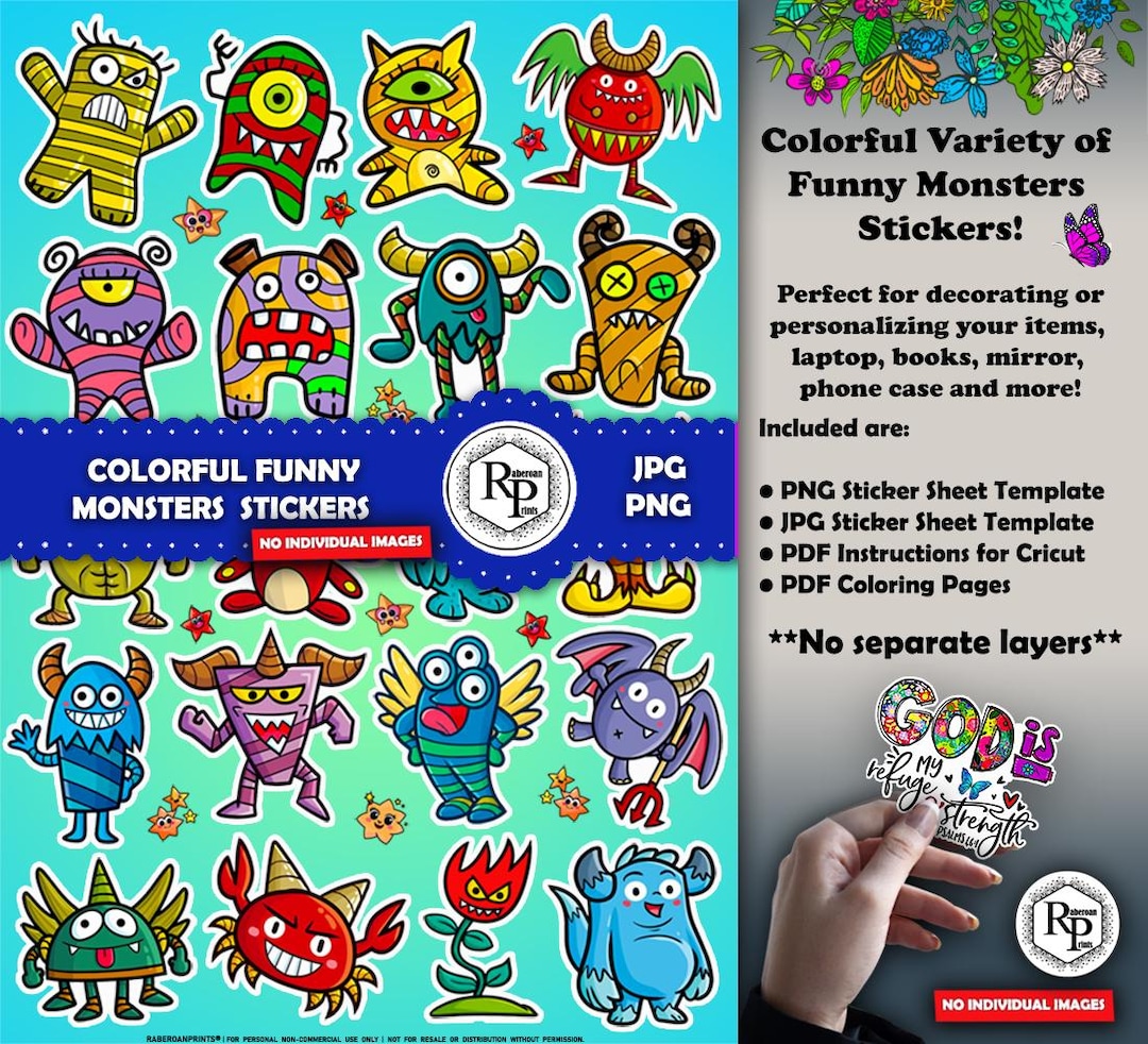 Funny Kawaii Monster #2 (1) Stickers Sheet+ Bonus Monster Coloring ...