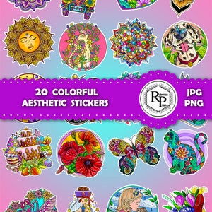 Colorful Artistic Aesthetic Mandala-Like ONE (1) Stickers Sheet plus Free Mandala Coloring Book- Printable Mandala Stickers  (See Info)