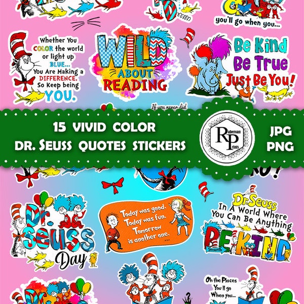 Best Selling** Super Bright Color Dr. Seuss Quotes ONE (1) Stickers Sheet Plus Free Digital Kid Book -Printable Stickers  (Read Description)