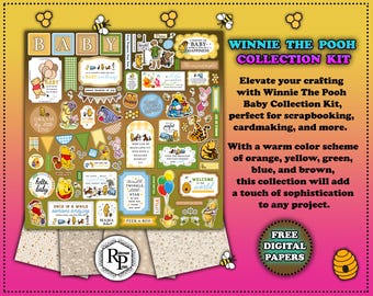 May include: A Winnie the Pooh Baby Collection Kit with various stickers and paper designs. The kit features a warm color scheme of orange, yellow, green, blue, and brown. The kit includes the text "BABY" and "WELCOME world".