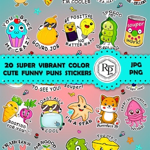 Best Seller*** Super Vibrant Color Cute, Funny "Puns" #2 Stickers in ONE Sheet Plus Free Gift Box Template PNG/JPG (Read Info)