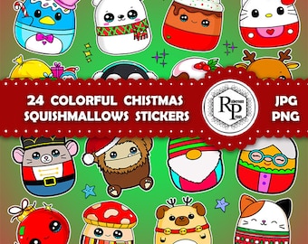 Puede incluir: 24 pegatinas de Navidad coloridas con diferentes personajes y objetos, incluyendo un muñeco de nieve, un árbol de Navidad, un hombre de jengibre, un elfo, un pingüino, un oso polar, un pudín de Navidad, Hello Kitty, un cascanueces, un yeti, un Papá Noel, un reno, un hongo, un pug, un gato, una campana, una dona y un erizo. Las pegatinas son todas de estilo de dibujos animados y tienen un aspecto lindo y festivo.