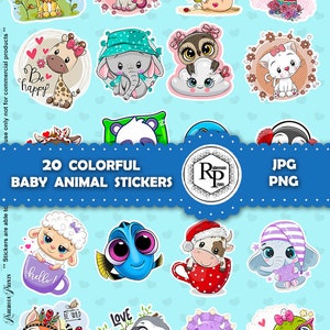 Bestseller** Colorful «Baby Animals» ONE (1) Stickers Sheet PNG/JPG plus  Free Coloring Book - Bundle Printable Stickers   (See Description)