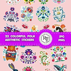 May include: A set of 22 colorful folk art aesthetic stickers featuring various designs, including flowers, birds, animals, and geometric patterns. The stickers are perfect for adding a touch of whimsy and folk art to your projects.