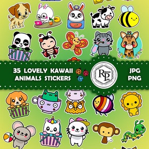 Lovely Creative Kawaii Animal ONE (1) Hoja de pegatinas - PNG, JPG - Paquete de pegatinas más plantilla de caja de regalo y páginas para colorear (leer información)