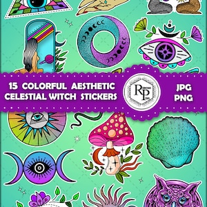May include: A set of 15 colourful, aesthetic celestial witch stickers. The stickers feature various designs, including a crescent moon, a sun, an eye, a mushroom, and an owl. The stickers are perfect for adding a touch of magic to your journals, laptops, water bottles, and more.