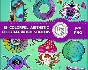 Stickers Celestial Aesthetic Mystical Witch Sheet, PNG,JPF Bonus Coloring Page - Planner - Scrapbook -Junk Journal -Card Making  (Read Info)