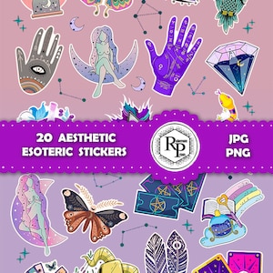 May include: Twenty colorful digital stickers with an esoteric theme. The stickers feature images of an owl, a butterfly, a hand with an eye, a crescent moon, a diamond, a feather, a tarot card, and more.