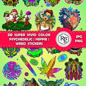 Könnte beinhalten: Zwanzig bunte psychedelische Aufkleber mit verschiedenen Designs, darunter ein Pilz, ein Außerirdischer, eine Katze, eine Eule, ein Schädel, ein Wolf, ein Hund, ein Tintenfisch und ein Marihuanablatt. Die Aufkleber sind perfekt, um Laptops, Wasserflaschen, Notizbüchern und vielem mehr einen Hauch von Fantasie und Persönlichkeit zu verleihen.