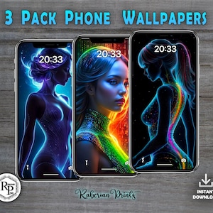 May include: Three phone wallpapers featuring abstract neon figures with glowing colors and a digital clock displaying 20:33.