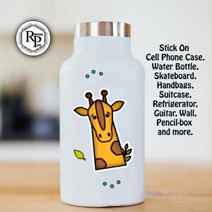 May include: White stainless steel water bottle with a sticker of a cartoon giraffe with brown spots. The sticker also includes two green leaves. The text "Stick On Cell Phone Case, Water Bottle, Skateboard, Handbags, Suitcase, Refrigerator, Guitar, Wall, Pencil-box and more." is printed on the right side of the image.