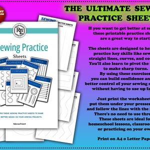 May include: Printable sewing practice sheets featuring designs for improving sewing skills. The sheets include lines, curves, and corners to practice. The text on the sheets reads "Sewing Practice Sheets". The sheets are designed to be printed on A4 paper.