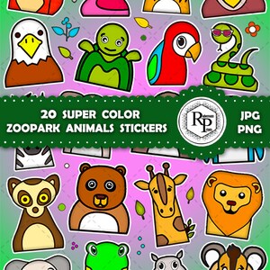 May include: Twenty colorful cartoon zoo animal stickers. The stickers feature animals like a lion, tiger, giraffe, zebra, elephant, monkey, flamingo, turtle, snake, and more. The stickers are perfect for adding a touch of fun to any project.