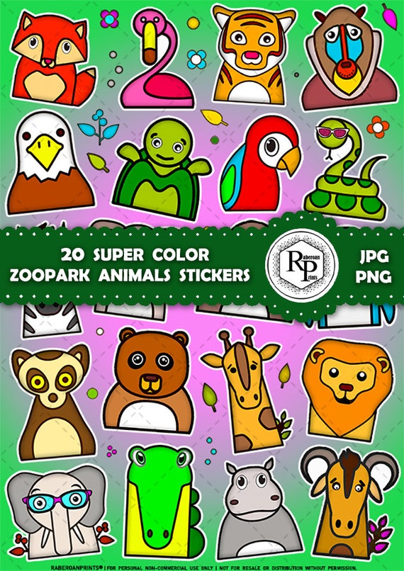 Super Colorful Zoo Park Animals ONE (1) Stickers Sheet PNG/JPG plus Free Zoo Coloring Page  (See Info)