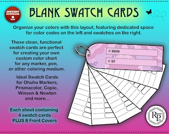 May include: Blank swatch cards with a ring, featuring a pink and white label with the words "BRAND" and "SET". The cards are designed for organizing colors, with space for color codes and swatches. The text says "Instant Download".
