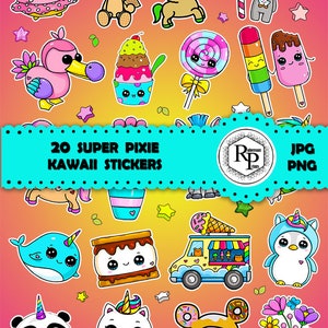 May include: A set of 20 colorful digital stickers featuring cute cartoon characters and objects. The stickers include a unicorn, a panda, a penguin, a cat, a s'more, a popsicle, a ice cream cone, a ice cream truck, a donut, a flower, a flamingo, a lollipop, a candy cane, a  cup of ice cream, a  narwhal, a  bunny, a  girl with a donut, a  girl with a candy cane, a  girl with a flower, and a  girl with a  bow. The stickers are perfect for adding a touch of whimsy to your digital projects.