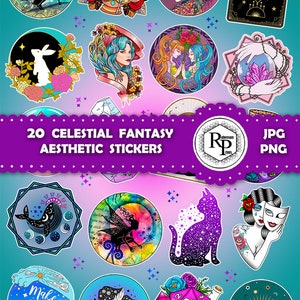 May include: Twenty celestial fantasy aesthetic stickers featuring a variety of colorful illustrations, including a cat, a whale, a fairy, a mushroom, a crystal, and a dice. The stickers are perfect for adding a touch of whimsy to your journals, laptops, water bottles, and more.