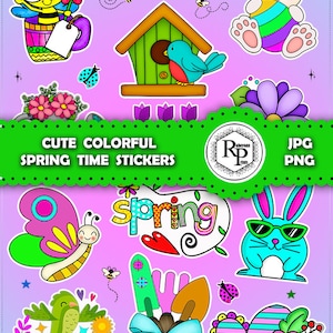 Cute Bundle*** Colorful Spring Time ONE (1) Stickers Sheet, Print & Cut - PNG, JPF - Printable Animal Stickers  (See Info)