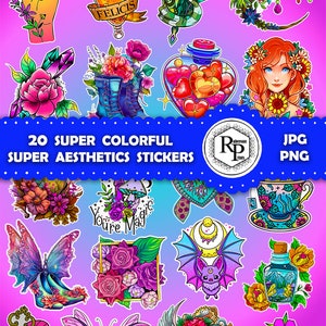 Bestseller *** Vivid Color «Super Aesthetics» DIY One (1) Stickers Sheet Plus Free Gift Box Template -Printable Stickers (See Description)