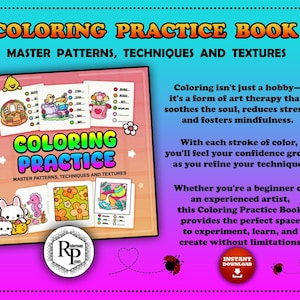 Könnte beinhalten: Ein Malbuch mit dem Titel "COLORING PRACTICE BOOK" in Orange und Blau. Das Buch zeigt Mustervorlagen, Techniken und Texturen. Das Cover enthält Beispiele für Malvorlagen mit niedlichen Illustrationen.