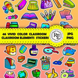 Könnte beinhalten: Eine Sammlung von 46 farbenfrohen Aufklebern für Klassenzimmer-Elemente. Die Aufkleber umfassen Bücher, einen Kalender, Stifte, einen Taschenrechner, einen Tacker, einen Laptop und einen Globus. Der Text "46 VIVID COLOR CLASSROOM CLASSROOM ELEMENTS STICKERS" ist zu sehen.