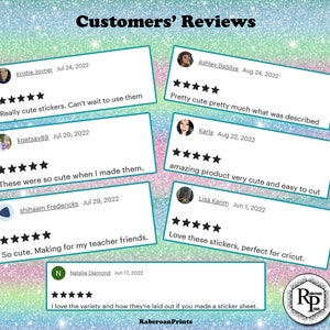 May include: A collage of customer reviews for a set of cute stickers. The reviews are all positive and highlight the quality and cuteness of the stickers. The reviews are from customers who purchased the stickers in July and August 2022.