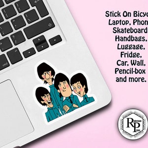 May include: A sticker featuring a cartoon illustration of four people with black hair and blue shirts. The sticker is on a silver laptop with a black keyboard. The text "Stick On Bicycle, Laptop, Phone, Skateboard, Handbags, Luggage, Fridge, Car, Wall, Pencil-box and more." is written in black text on a pink background. The text "aberoan Rp rinh" is written in black text on a white circle with a black border.