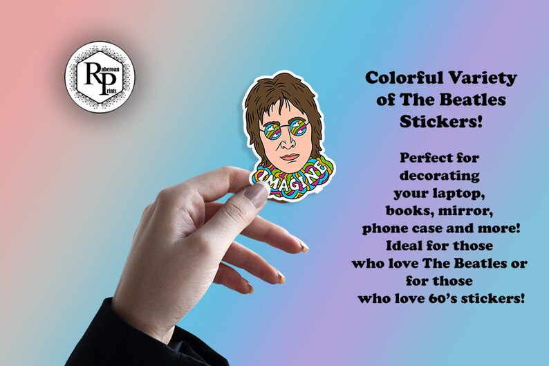 May include: A colorful sticker featuring a cartoon illustration of John Lennon with the word "Imagine" written in a psychedelic font around his neck.