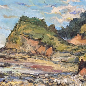 South of Perpetua Bluff - Original oil painting - Seascape of Oregon Coast - PNW Plein Air - 11 x 14 inches - sunny - forested - coast