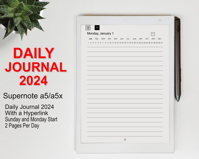 Supernote A5 A5x Templates 2024 Daily Journal, Hyperlinked PDF, Sunday & Monday Start Etsy