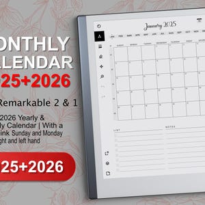 Monthly Calendar for reMarkable 2 2025-2026,Hyperlinked PDF, compatible with reMarkable 1.