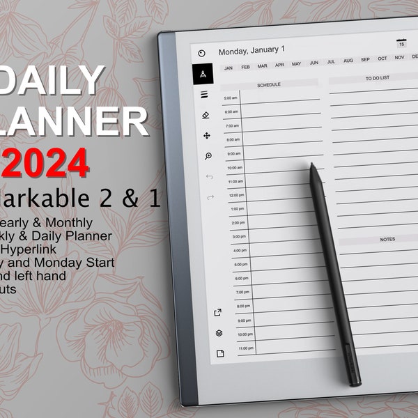 Agenda journalier reMarkable 2 2023+2024, agenda annuel et mensuel et hebdomadaire et quotidien, agenda numérique reMarkable 1 et 2 modèles.